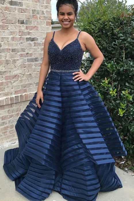 Dark Blue Spaghetti Two Piece Long Prom Dresses Cheap - Bridelily Dark Blue Spaghetti Two Piece Long Prom Dresses Cheap - Bridelily