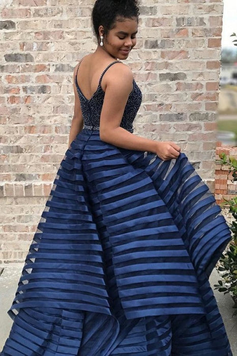 Dark Blue Spaghetti Straps Puffy Prom Dress with Beads Unique Long Evening Dresses - Prom Dresses