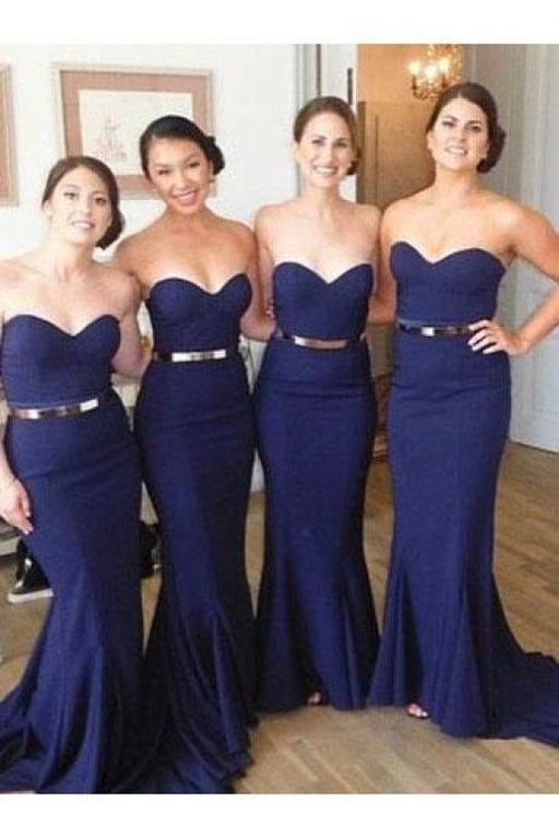 Dark Blue Sweetheart Bridesmaid Dress Long Mermaid Strapless Prom Gown with Belt - Prom Dresses
