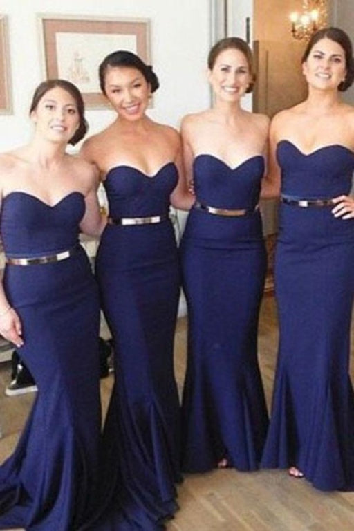 Dark Blue Sweetheart Bridesmaid Dress Long Mermaid Strapless Prom Gown with Belt - Prom Dresses