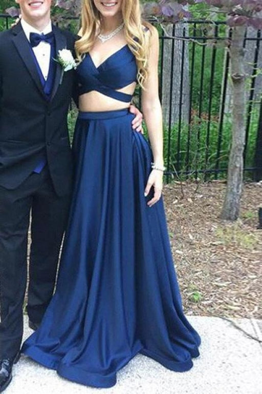 Dark Blue Two Pieces Prom V Neck Evening Open Back Party Dress Formal Dresses - Prom Dresses