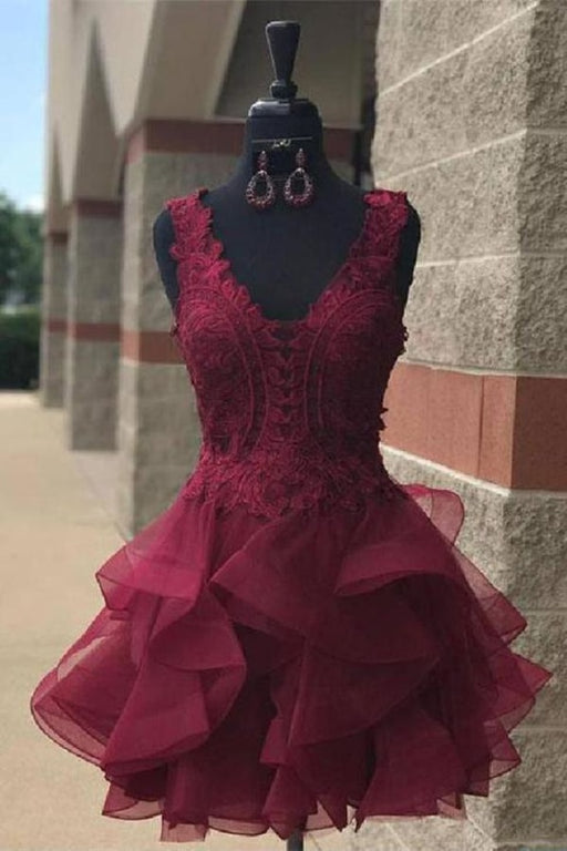 Dark Burgundy V Neck Outstanding Lace Appliqued Homecoming Dress - Prom Dresses