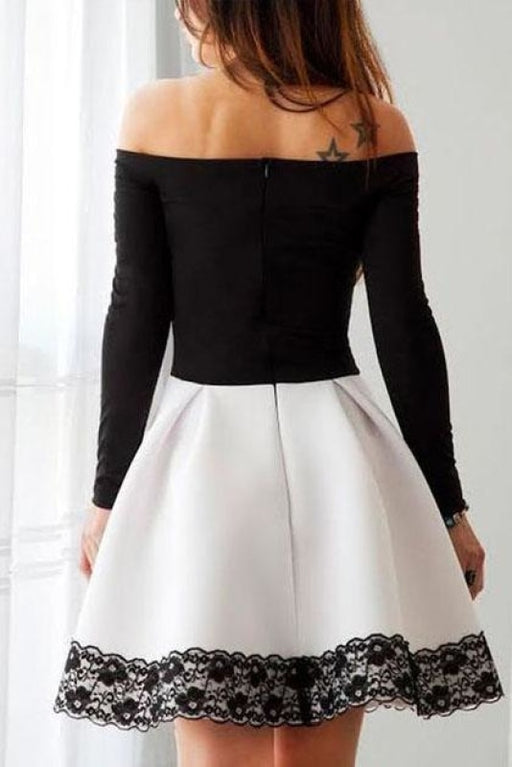 Dark Gray and Black Off the Shoulder Long Sleeve Short Homecoming Dresses with Lace - Prom Dresses