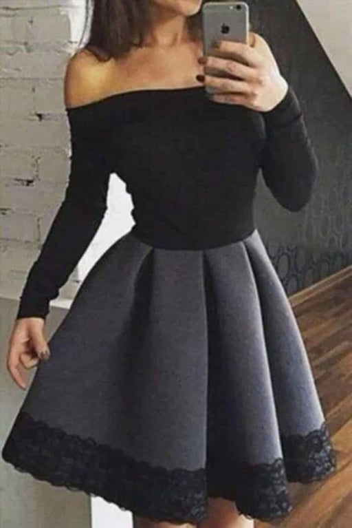 Dark Gray and Black Off the Shoulder Long Sleeve Short Homecoming Dresses with Lace - Prom Dresses