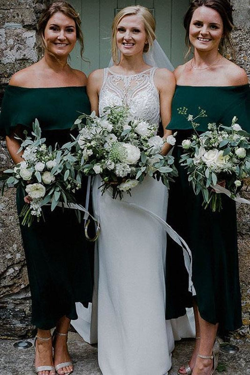 Dark Green Ankle Length Off Shoulder Bridesmaid Dress - Bridesmaid Dresses