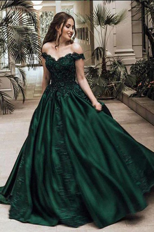 Dark Green Ball Gown Off-the-Shoulder Floor-Length Appliques Satin Prom Dresses - Prom Dresses