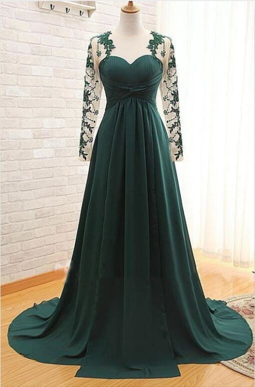 Dark Green Evening Appliques Long Prom Dress with Sleeves - Prom Dresses