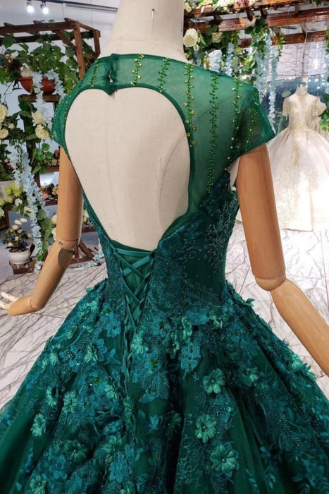 Dark Green Lace Ball Gown Prom With Beads Quinceanera Dress with Flowers - Prom Dresses