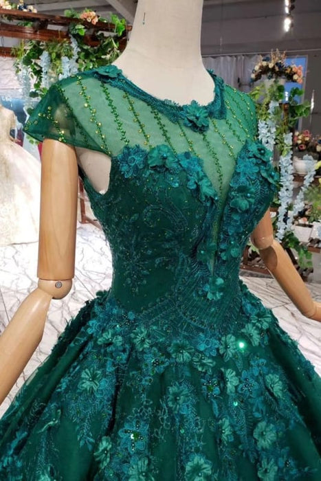 Dark Green Lace Ball Two Piece Long Prom Dresses Cheap - Bridelily Dark Green Lace Ball Two Piece Long Prom Dresses Cheap - Bridelily