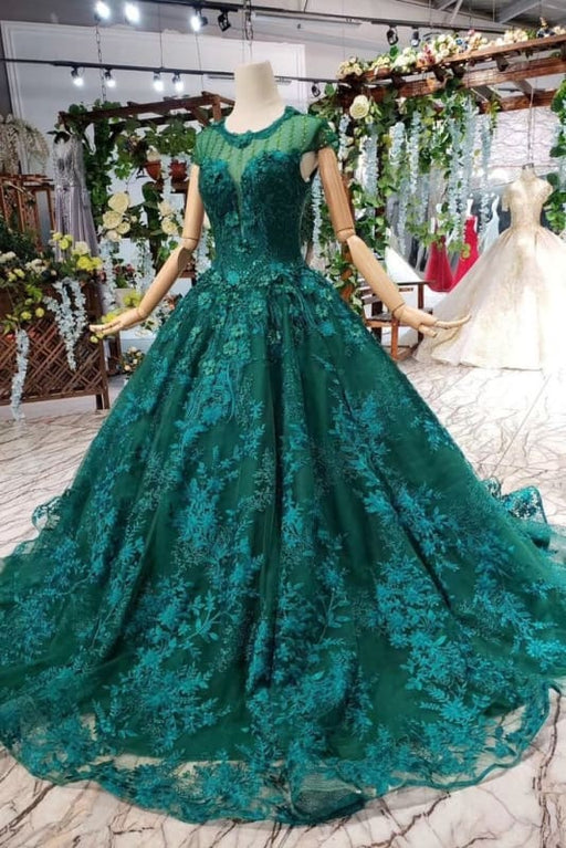 Dark Green Lace Ball Two Piece Long Prom Dresses Cheap - Bridelily Dark Green Lace Ball Two Piece Long Prom Dresses Cheap - Bridelily
