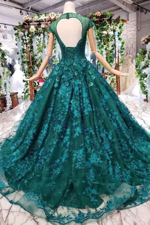 Dark Green Lace Ball Gown Prom With Beads Quinceanera Dress with Flowers - Prom Dresses