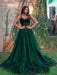 Dark Green Lace Tulle Long Prom Dresses, Dark Green Formal Graduation Evening Dresses with Lace Appliques 
