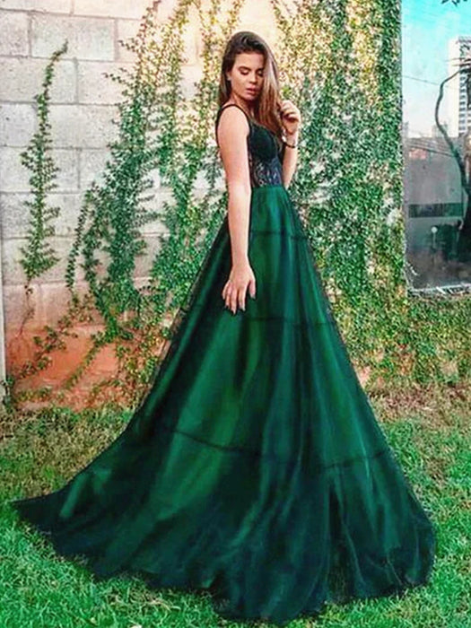 Dark Green Lace Tulle Long Prom Dresses, Dark Green Formal Graduation Evening Dresses with Lace Appliques 