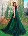 Dark Green Lace Tulle Long Prom Dresses, Dark Green Formal Graduation Evening Dresses with Lace Appliques 