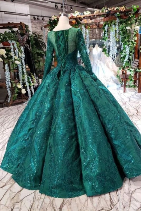 Dark Green Long Sleeve Ball Gown Prom Dress with Beads Quinceaera Gown -Bridelily Dark Green Long Sleeve Ball Gown Prom Dress with Beads Quinceaera Gown -Bridelily