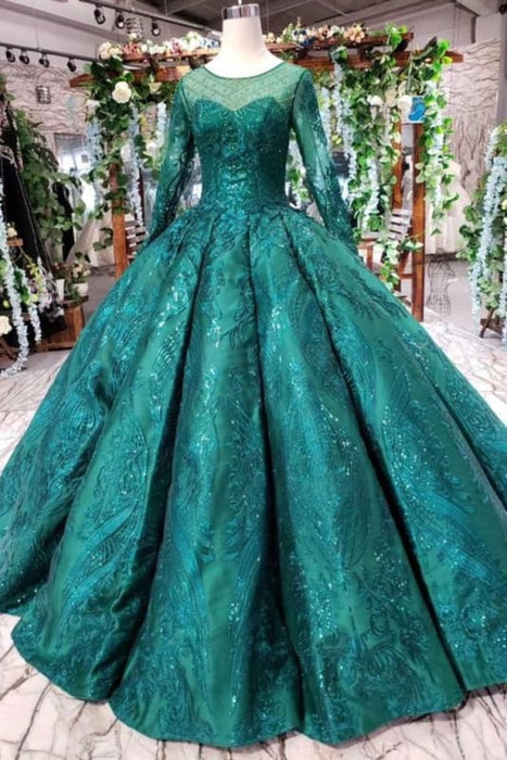 Dark Green Long Sleeve Ball Gown Prom Dress with Beads Quinceaera Gown -Bridelily Dark Green Long Sleeve Ball Gown Prom Dress with Beads Quinceaera Gown -Bridelily