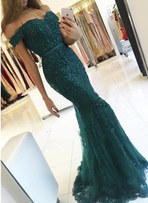 Dark Green Off-the-shoulder Mermaid Tulle Prom Dress with Beads Evening Gown - Prom Dresses