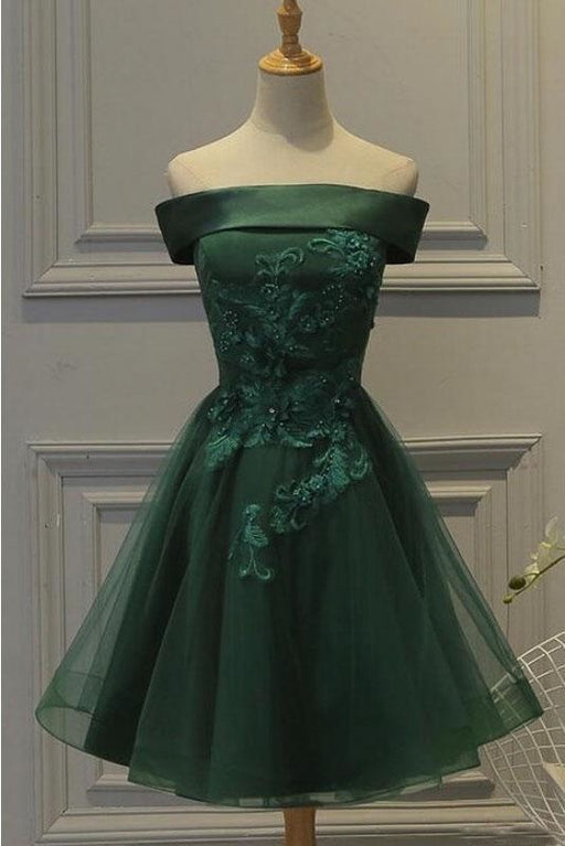 Dark Green Off the Shoulder Tulle Homecoming A Line Appliqued Short Prom Dress - Prom Dresses