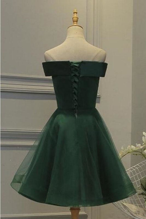 Dark Green Off the Shoulder Tulle Homecoming A Line Appliqued Short Prom Dress - Prom Dresses