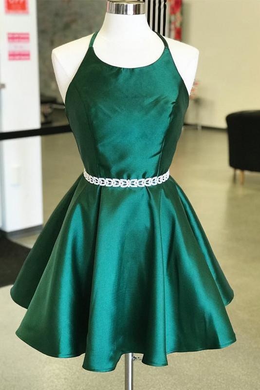 Dark Green Satin Spaghetti Strap Halter Open Back Short Homecoming Dresses - Prom Dresses