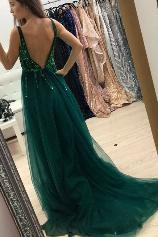 Dark Green Sparkly Prom with Side Slit A Line V Neck Tulle Long Party Dress - Prom Dresses
