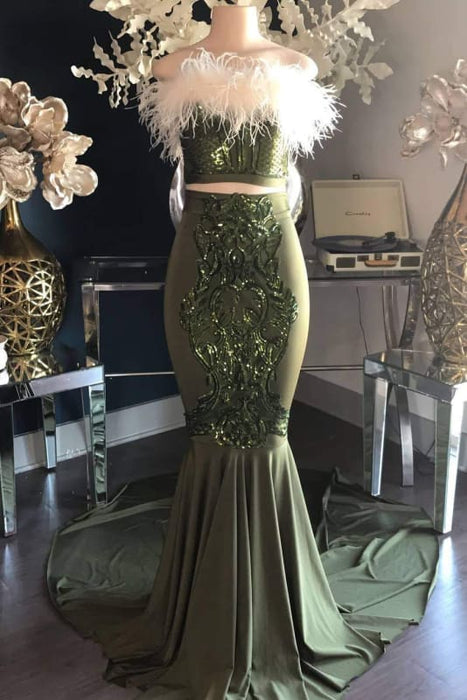 Dark Green Two Piece Cute Long Prom Dresses Cheap - Bridelily Dark Green Two Piece Cute Long Prom Dresses Cheap - Bridelily