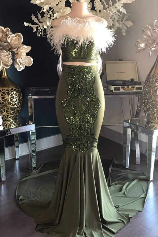 Dark Green Two Piece Cute Long Prom Dresses Cheap - Bridelily Dark Green Two Piece Cute Long Prom Dresses Cheap - Bridelily