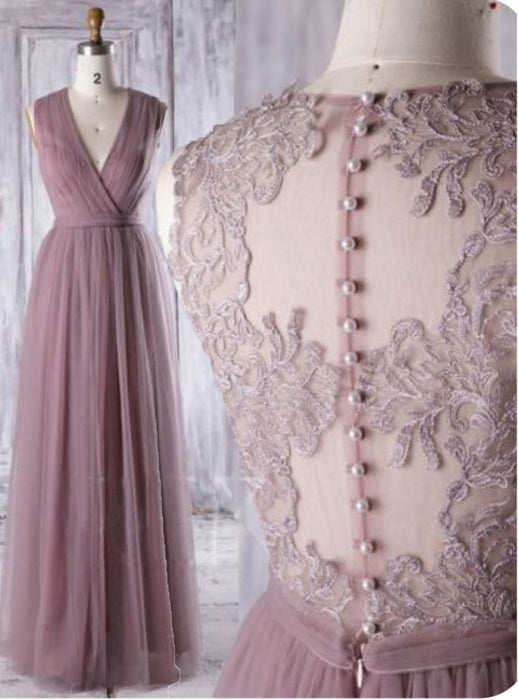 Dark Mauve Tulle Prom Neck Maxi A-Line Party Illusion Evening Dress - Prom Dresses