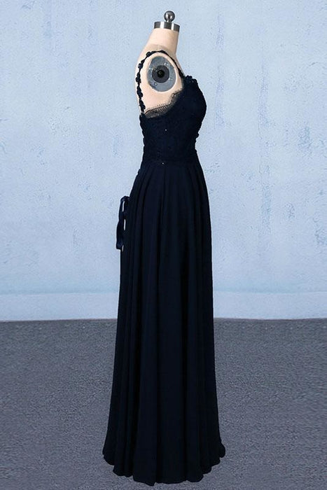 Dark Navy Blue Straps Floor Length Evening Dresses Long Chiffon Prom Dress with Lace - Prom Dresses