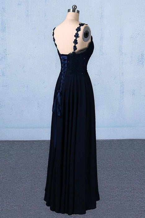Dark Navy Blue Straps Floor Length Evening Dresses Long Chiffon Prom Dress with Lace - Prom Dresses