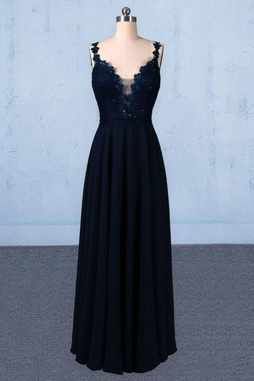 Dark Navy Blue Straps Floor Length Evening Dresses Long Chiffon Prom Dress with Lace - Prom Dresses