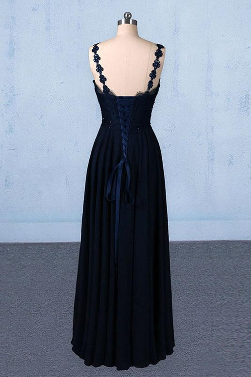 Dark Navy Blue Straps Floor Length Evening Dresses Long Chiffon Prom Dress with Lace - Prom Dresses