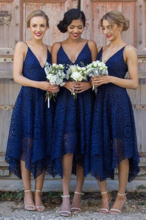 Dark Navy Spaghetti Straps Short Lace Bridesmaid Dresses - Bridesmaid Dresses