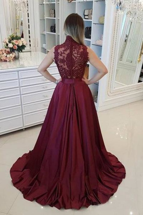 Dark Red High Neck Sleeveless Long Prom Dresses with Lace A Line Graduation Dress - Prom Dresses