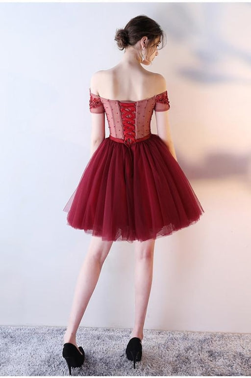 Dark Red Off the Shoulder Prom with belt Short Beading Homecoming Dress - Prom Dresses
