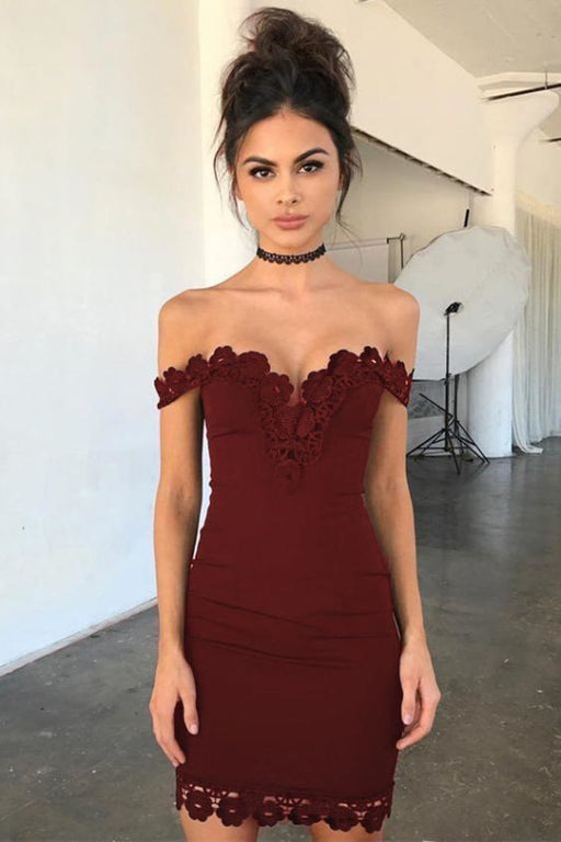 Dark Red Off the Shoulder Sheath Short Formal Dresses Sexy Homecoming Dress with Lace - Prom Dresses
