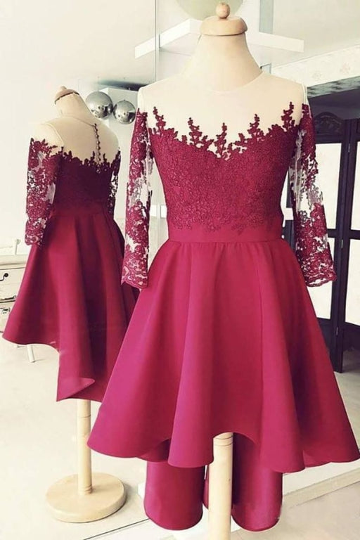 Dark Red Sheer Neck Homecoming High Low Appliques Satin Short Prom Dress - Prom Dresses
