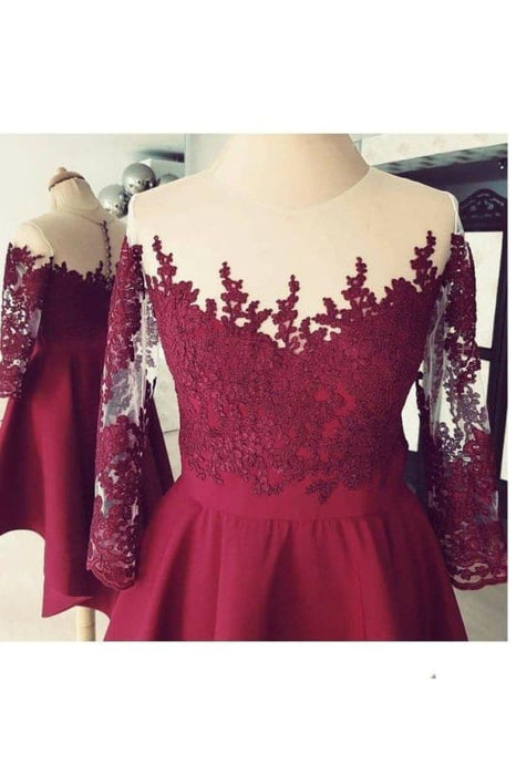 Dark Sheer Neck Homecoming Cheap Long Red Prom Dresses - Bridelily Dark Sheer Neck Homecoming Cheap Long Red Prom Dresses - Bridelily