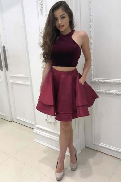 Dark Red Two Piece Satin Mini Homecoming Dress Simple Sleeveless Party Dresses - Prom Dresses