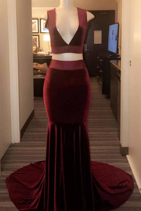 Dark Red Two Piece Sleeveless Long Evening Party Gown - Prom Dresses