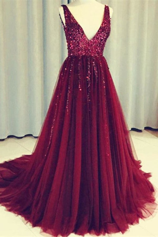 Dark Red V Neck Sleeveless Tulle Prom with Sequins Long Sequined Evening Dress - Prom Dresses