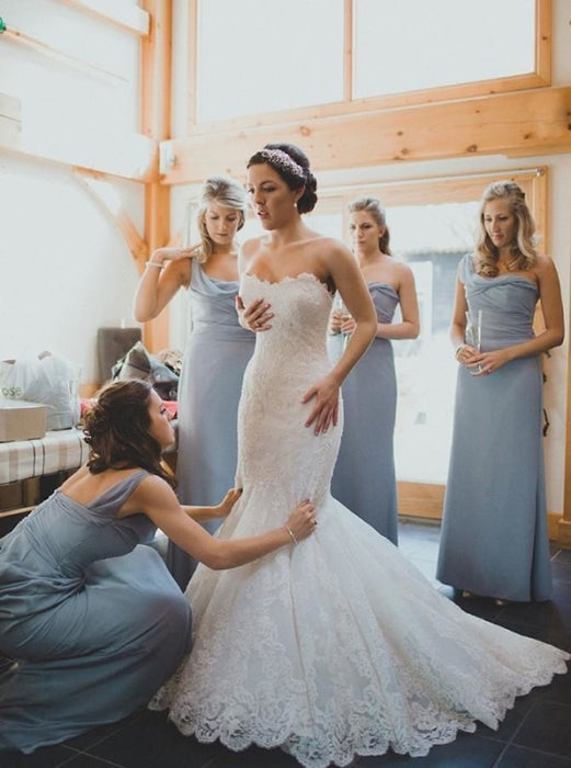 Decent Off Shoulder A-line Cascading Ruffles Court Train Lace Wedding –  Angrila
