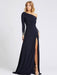 Deep Navy Evening Dress One-Shoulder With Train Long Sleeves Criss-Cross Lycra Spandex Sheath Social Party Dresses