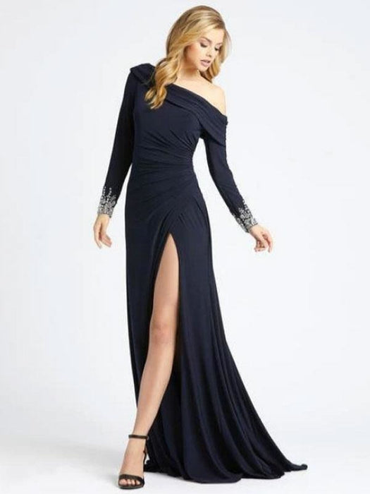 Deep Navy Evening Dress One-Shoulder With Train Long Sleeves Criss-Cross Lycra Spandex Sheath Social Party Dresses
