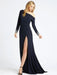Deep Navy Evening Dress One-Shoulder With Train Long Sleeves Criss-Cross Lycra Spandex Sheath Social Party Dresses