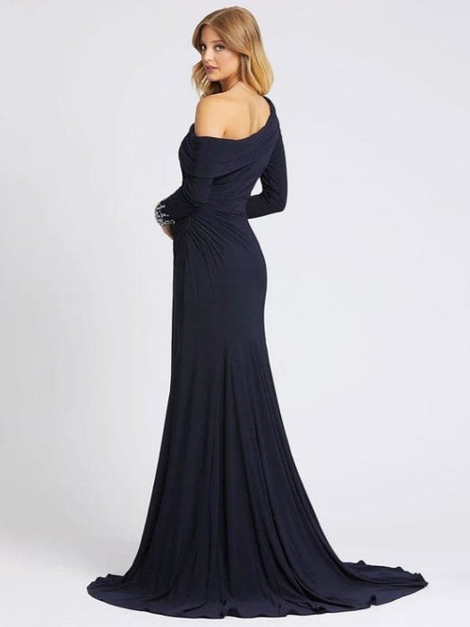 Deep Navy Evening Dress One-Shoulder With Train Long Sleeves Criss-Cross Lycra Spandex Sheath Social Party Dresses