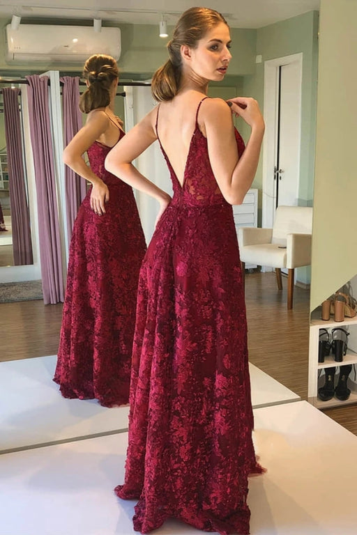 Deep V Neck and V Back Burgundy Lace Long Prom, Open Back Maroon Lace Bridelily Deep V Neck and V Back Burgundy Lace Long Prom, Open Back Maroon Lace Bridelily