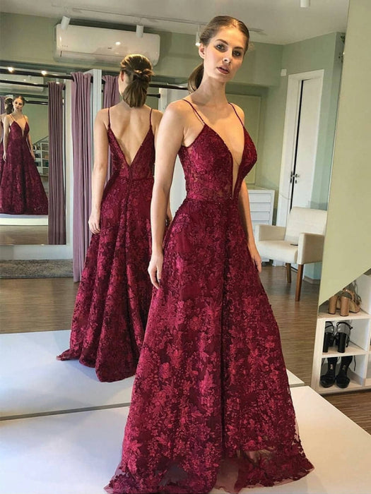 Deep V Neck and V Back Burgundy Lace Long Prom, Open Back Maroon Lace Bridelily Deep V Neck and V Back Burgundy Lace Long Prom, Open Back Maroon Lace Bridelily