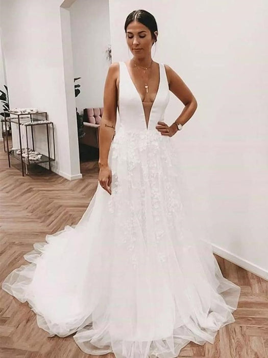 Deep V Neck and V Back White Lace Long Prom Wedding Dresses with Train, White Lace Formal Dresses, V Neck White Evening Dresses 