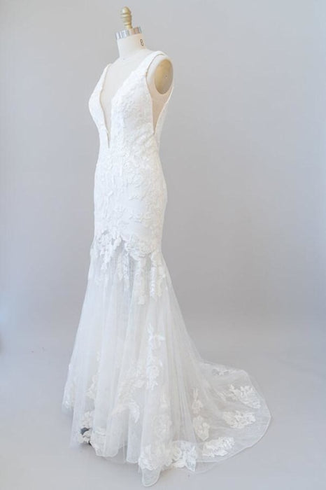 Deep V-neck Appliques Tulle Mermaid Wedding Dress - Wedding Dresses